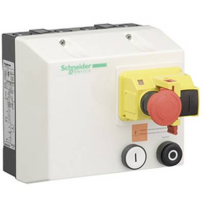 Ein Not-Aus-Schalter an einem weißen Gehäuse von Schneider Electric. Der Schalter ist gelb mit rotem Knopf und dient zur Stromunterbrechung.