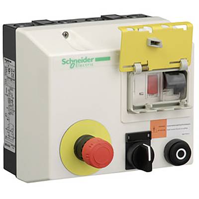 Ein elektrischer Schalterkasten von Schneider Electric mit rotem Not-Aus-Schalter, gelber Abdeckung und mehreren Kontrollknöpfen.