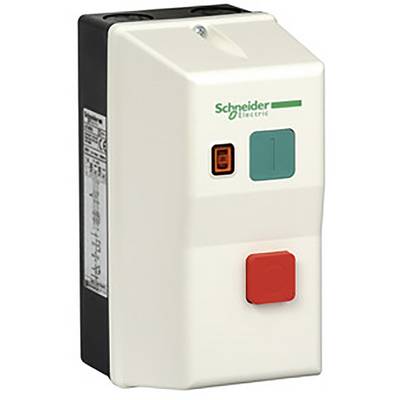 Ein weißer elektrischer Schalterkasten mit grünem Logo, grünem Ein- und rotem Ausschaltknopf, von Schneider Electric.