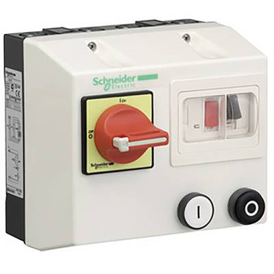 Ein Schalterkasten von Schneider Electric mit rotem Drehknopf, einem transparenten Schalter und zwei Druckknöpfen mit den Symbolen 'I' und 'O'.