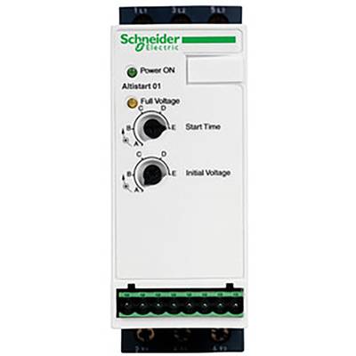 Elektrisches Steuergerät von Schneider Electric mit Drehreglern für 'Start Time' und 'Initial Voltage'. LEDs zeigen 'Power ON' und 'Full Voltage'.