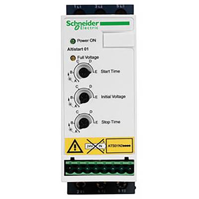 'Schneider Electric' Anlassergerät mit drei Reglerknöpfen und Anzeigeleuchten für 'Power ON' und 'Full Voltage'. Safety-Symbole unten.
