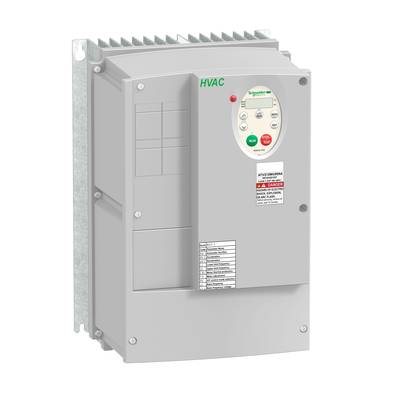 'Graues Schneider Electric HVAC-Steuergerät an der Wand montiert. Zeigt Bedienelemente und Beschriftungen auf Vorderseite.'