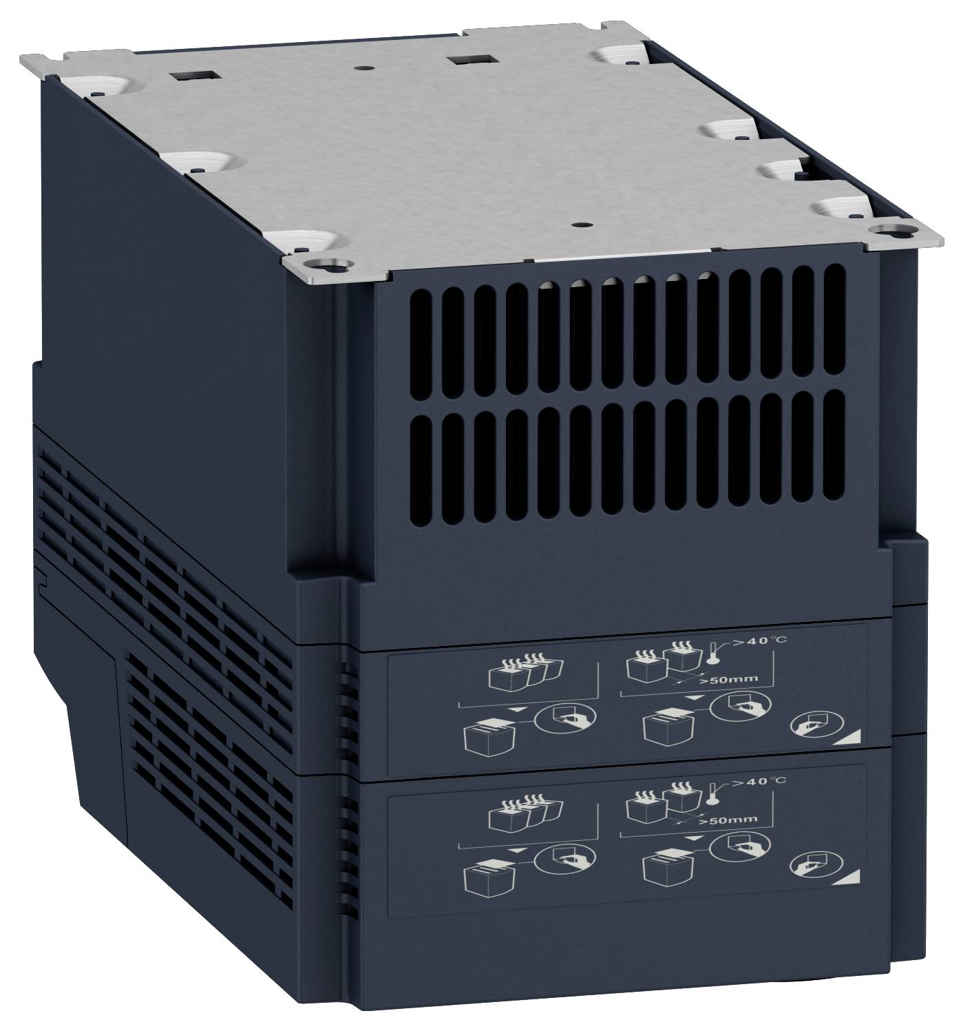 Ein dunkelgrauer industrieller Apparat mit belüfteten Seiten und Oberseite, der auf der Frontseite illustrierte Anleitungen zeigt, die wahrscheinlich Installations- oder Betriebsrichtlinien darstellen.