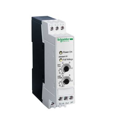 'Schneider Electric Altistart 01' Sanftanlasser-Modul mit Beschriftung: 'Power ON', 'Full Voltage', Anschlüsse und Einstellregler sichtbar.
