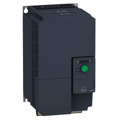 Ein schwarzer Frequenzumrichter mit grünem Bedienknopf und Anzeige, montiert in einem Metallgehäuse. Genutzt zur Steuerung elektrischer Antriebe.