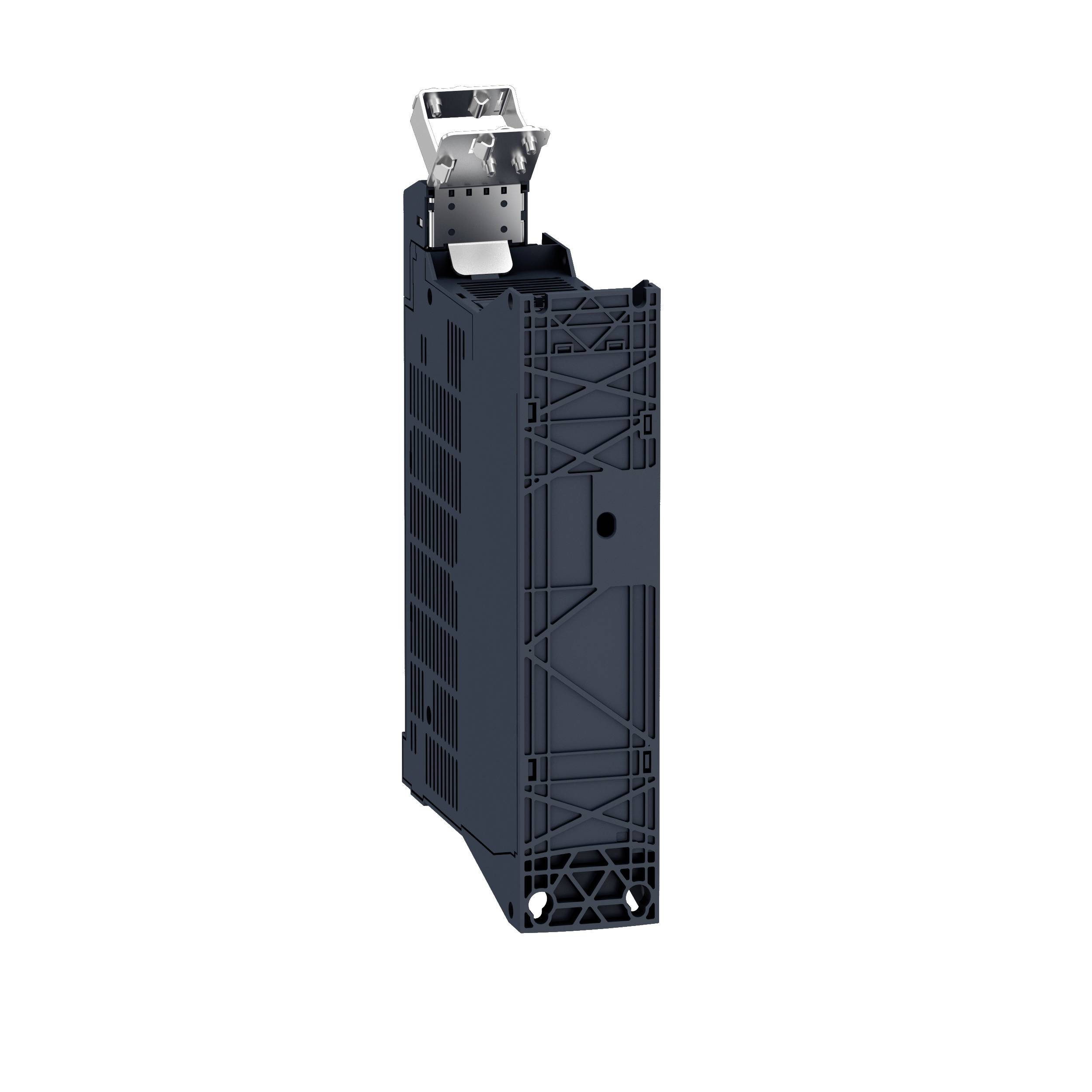 Ein graues elektronisches Modul mit Gittern und einem Metallclip an der Oberseite, aufrecht stehend auf einem weißen Hintergrund.