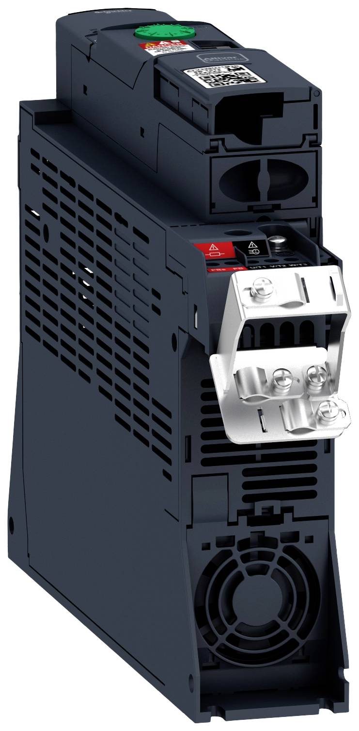 Elektronisches Gerät mit Lüfter an der Unterseite und drei metallenen Anschlussklemmen an der Vorderseite.