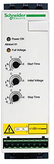 Schneider Electric Steuergerät mit Drehreglern für Startspannung, Initialspannung und Zeit. LEDs zeigen Power, Fehler und Spannung.