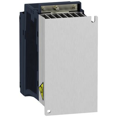 Ein graues, rechteckiges elektrisches Gerät mit Metalloberfläche und Kühlrippen. Ein Warnsymbol für elektrische Spannung ist sichtbar.