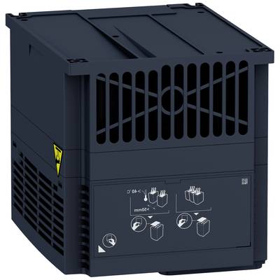Industrielle elektrische Steuerungseinheit mit Lüftungsgittern und Sicherheitswarnsymbol. Anweisungen zur korrekten Installation aufgedruckt.