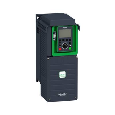 Ein Frequenzumrichter der Marke Schneider Electric, Modell Altivar Process. Schwarzes Gehäuse mit grünem Display und Steuerungspanel.