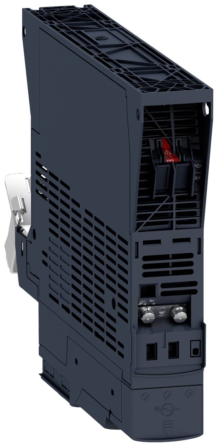 Elektronisches Gerät in schwarzem Gehäuse mit Belüftungsschlitzen und Anschlussklemmen, seitlich fixierbar an einer Schiene.