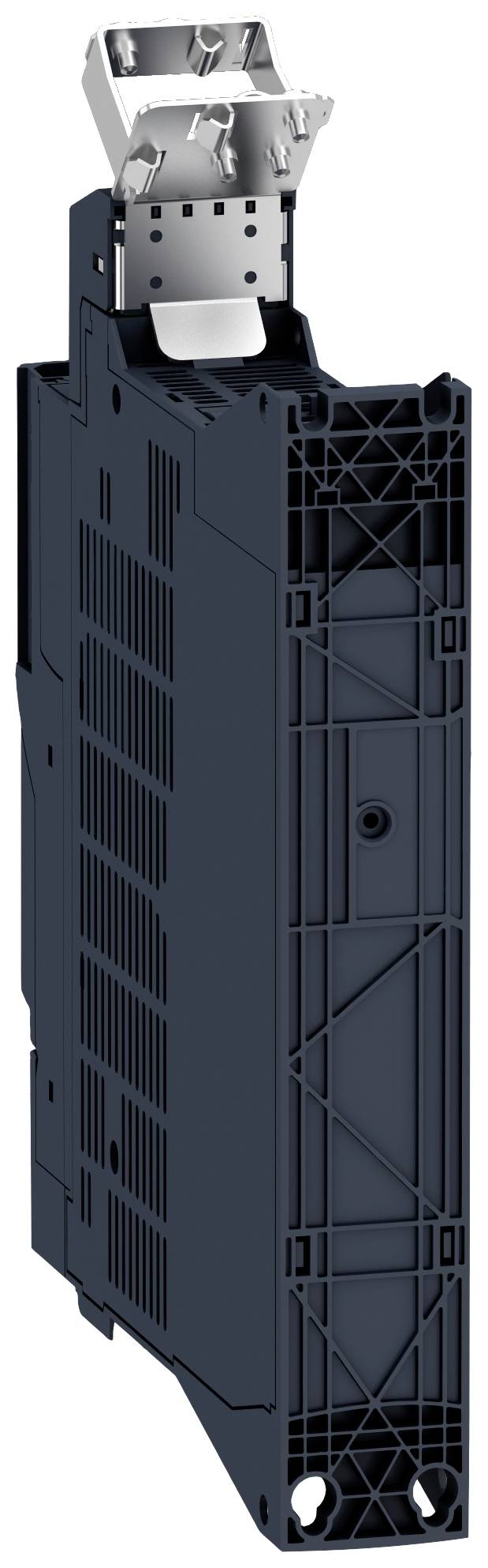 Elektrisches Bauteil, vermutlich ein Schütz oder Leistungsschaltermodul, in schwarzer Hülle mit metallischen Steckverbindungen oben.