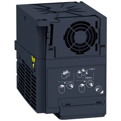 Ein schwarzer elektronischer Kühlkörper mit Lüfter und Piktogrammen zur ordnungsgemäßen Montage sowie einem Warnsymbol für hohe Temperaturen.