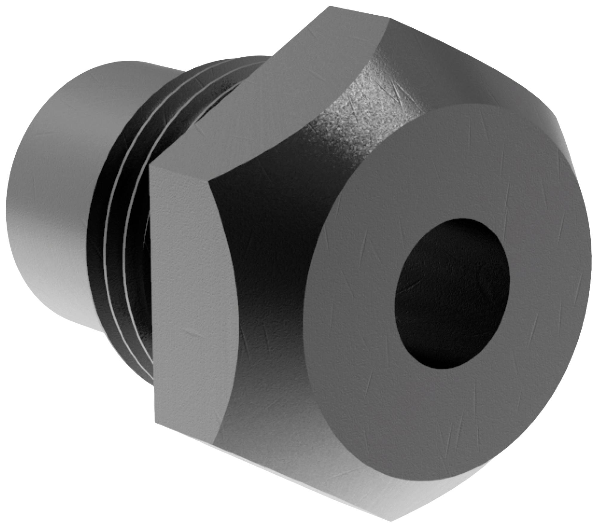 Schwarzes sechseckiges Bauteil mit zentralem Loch und geripptem Zylinder hinten, möglicherweise Teil eines größeren Mechanismus.