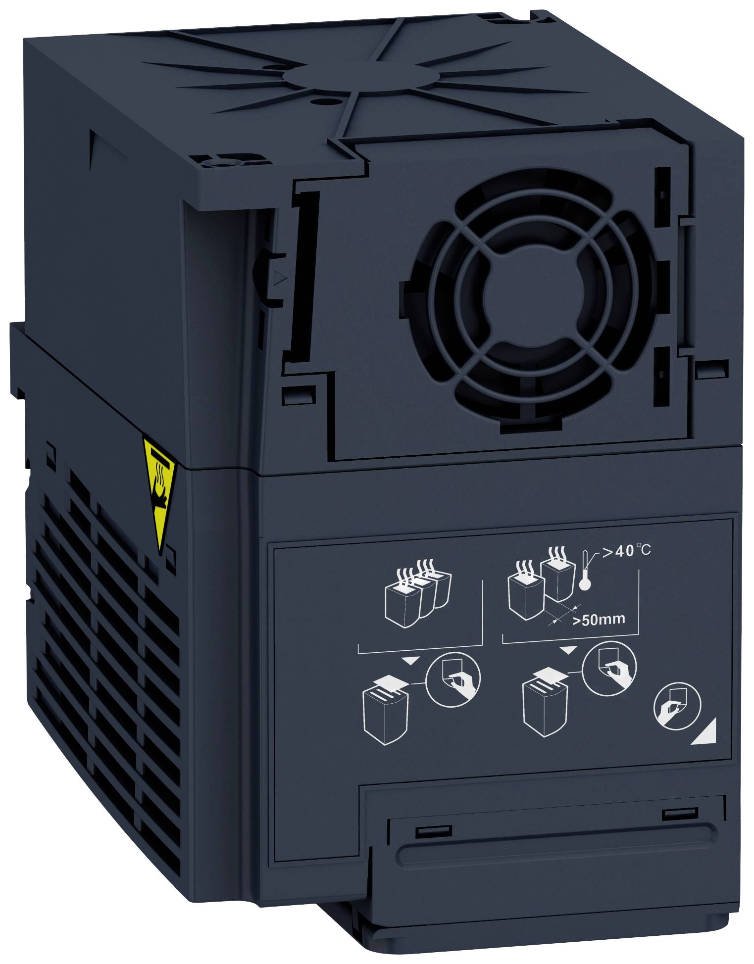 Ein schwarzes elektronisches Gerät mit Lüfter und Warnsymbol. Aufdrucke zeigen Temperatur- und Abstandsrichtlinien.