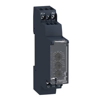 Ein dunkler elektrischer Zeitrelais mit zwei Drehreglern, mehreren Anschlüssen oben und unten, in einem Gehäuse der Marke Schneider.