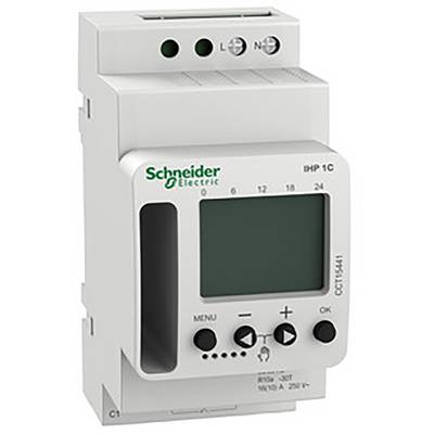 Ein digitales Zeitschaltuhr-Modul von Schneider Electric mit Display und Bedienknöpfen. Es ist zur Steuerung elektrischer Geräte geeignet.