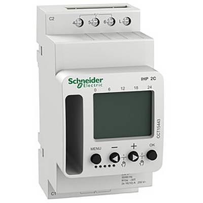 Ein programmierbarer Zeitschaltuhr von Schneider Electric mit digitalem Display und Bedienelementen zur Steuerung elektrischer Verbraucher.