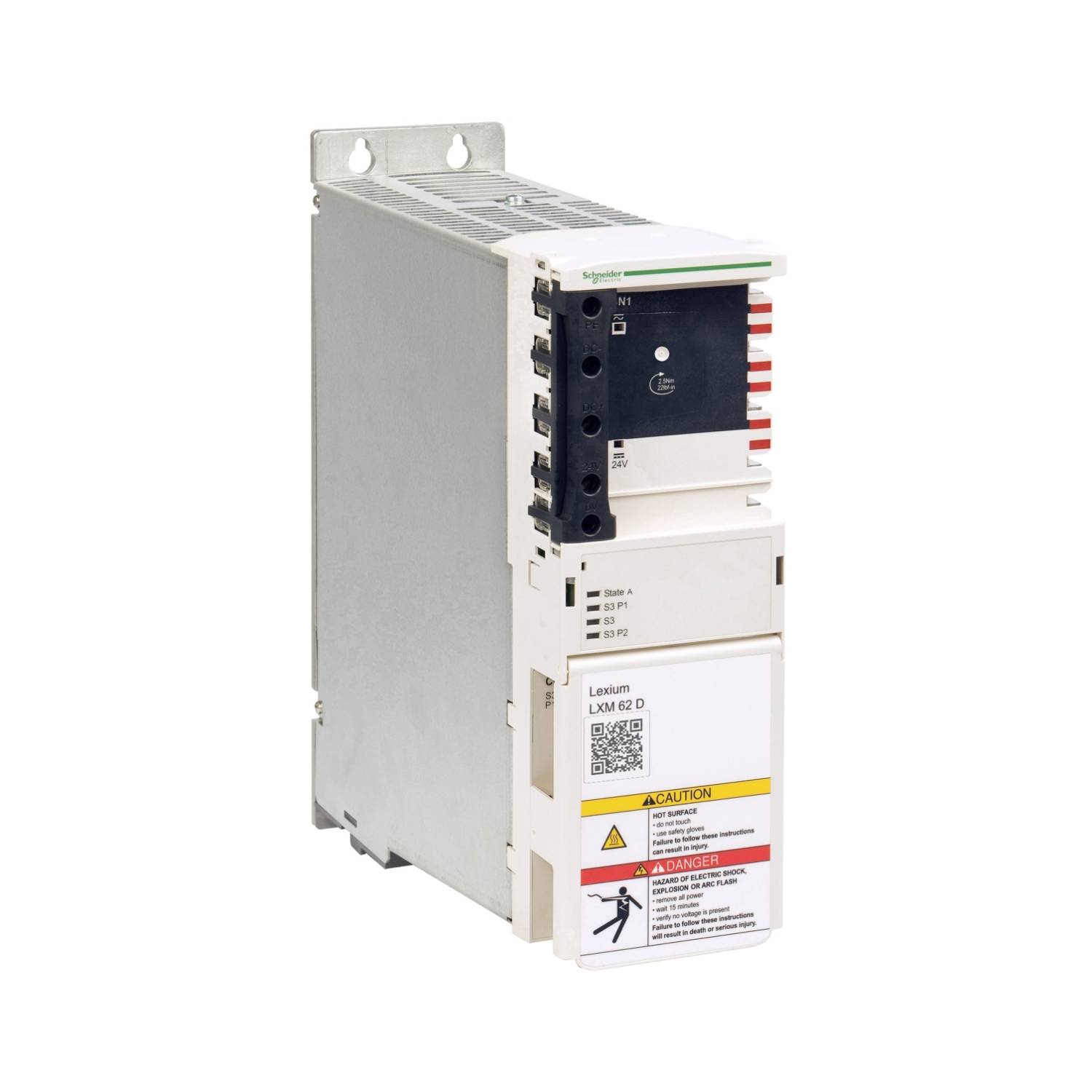 Ein elektrisches Schaltschrank-Relais-Modul mit Warnhinweisen auf der Vorderseite. Es ist für industrielle Anwendungen konzipiert.