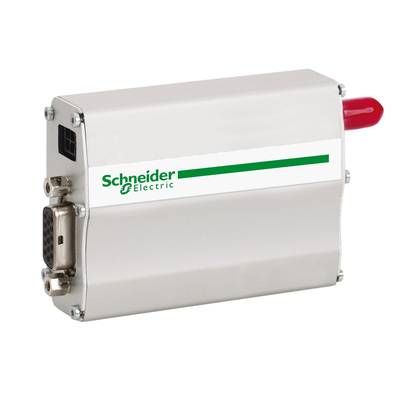 Ein silbernes elektronisches Gerät mit Logo von Schneider Electric, einem roten Hebel und einem VGA-Anschluss auf der linken Seite.