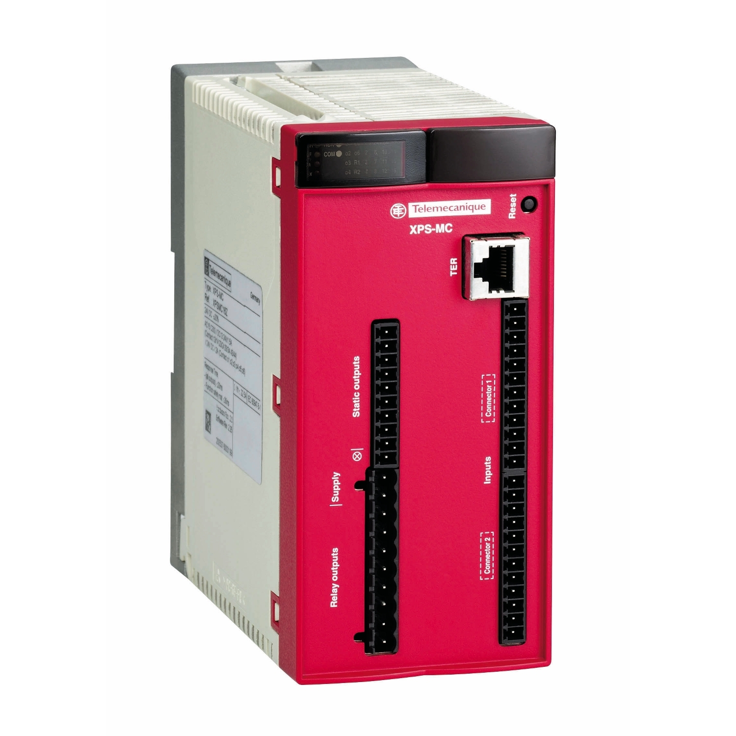 Ein rotes elektronisches Gerät von Telemechanique, Modell XPS-MC, mit mehreren Anschlussmöglichkeiten auf der Vorderseite.