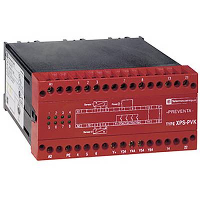 Ein rotes Sicherheitsrelais der Marke Telemecanique mit der Bezeichnung 'XPS-PVK', verwendet für industrielle Steuerungsanwendungen.
