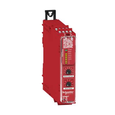 Ein rotes elektronisches Gerät mit zwei Drehreglern und mehreren LED-Anzeigen. Marke: Schneider Electric, Modell: XPBRT.