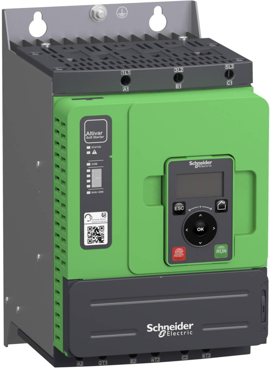 Frequenzumrichter von Schneider Electric mit grünem Gehäuse. Zeigt Bedienfeld mit Tasten und Anzeige. Modell: Altivar.
