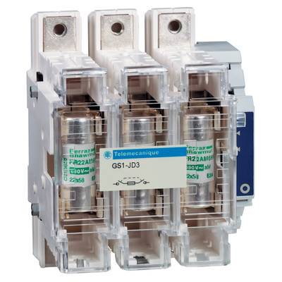 Drei Sicherungshalter der Marke Telemecanique, kompatibel mit Sicherungen bis 690 Volt, Modell GS1-JD3, geeignet für industrielle Anwendungen.