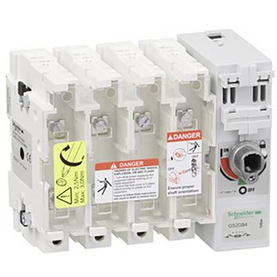 'Schneider Electric' Schaltgerät mit Gefahrensymbolen und Anweisungen zum sicheren Gebrauch. Elektrische Komponente mit Drehschalter.