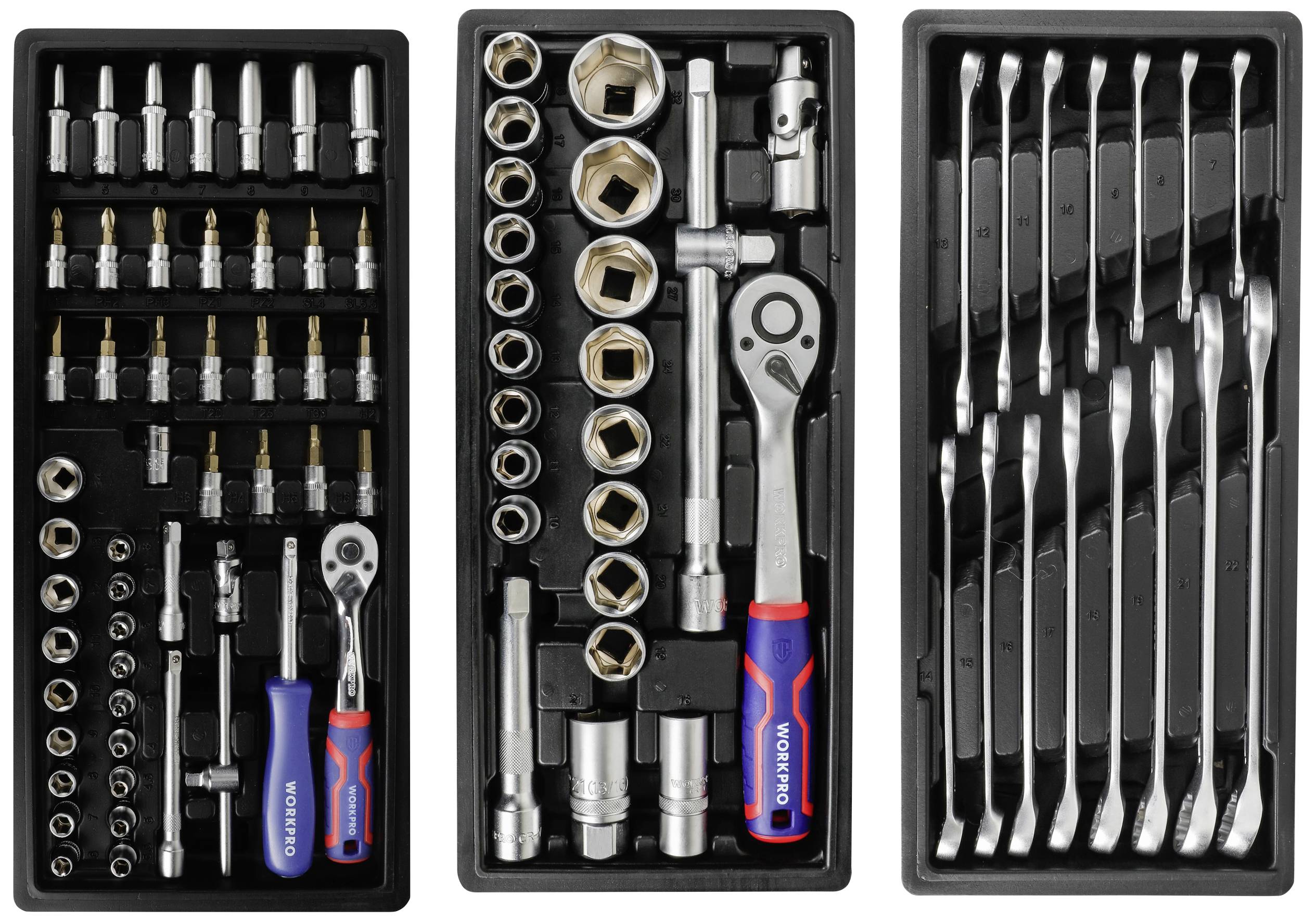 Ein dreiteiliges Werkzeugset mit Schraubenschlüsseln, Steckschlüsseln und Ratsche in einem schwarzen Kunststoff-Organizer.