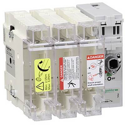 Ein dreipoliger elektrischer Leistungsschalter mit Warnhinweisen und Schalter zur Regelung des Stromflusses.