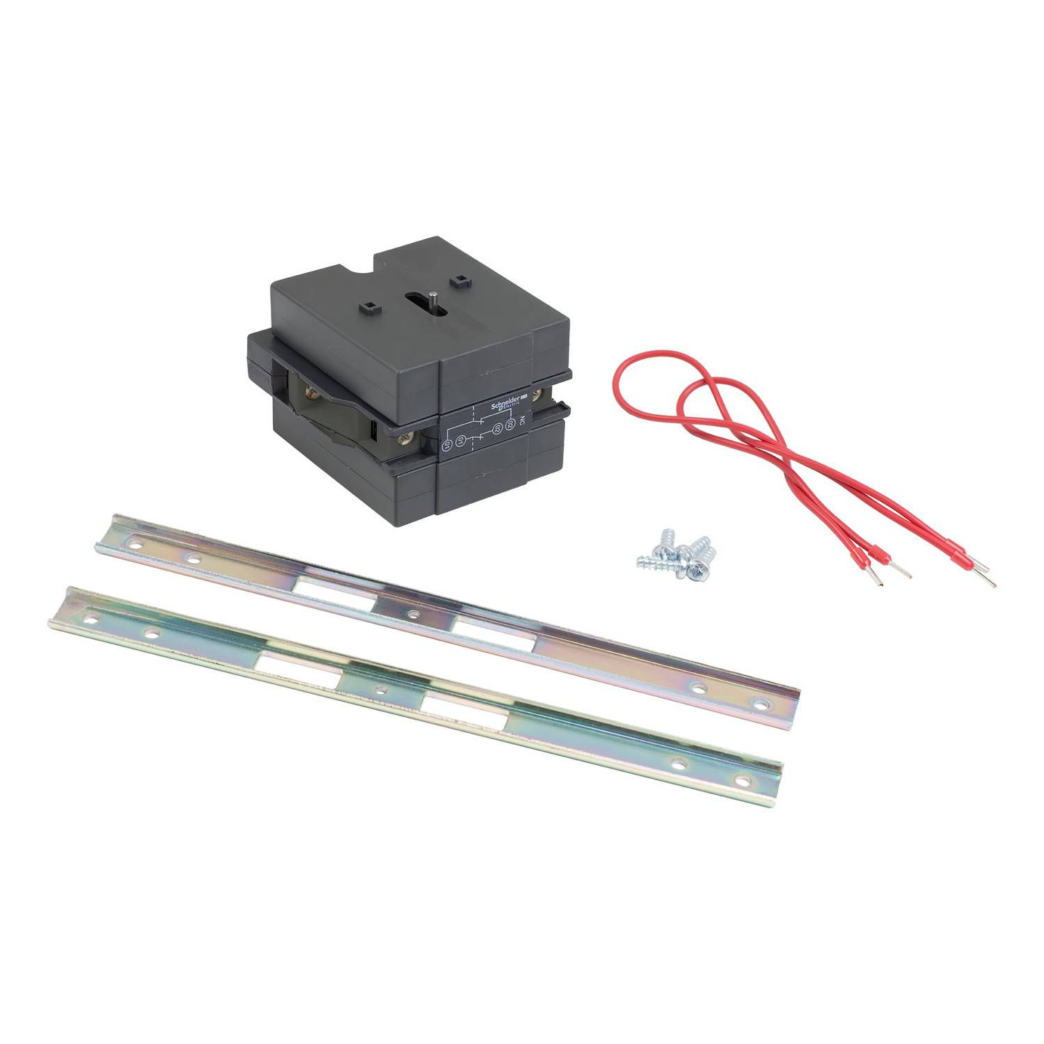 Schwarzes elektrisches Bauteil mit Metallstreifen, roten Drähten und Schrauben, wahrscheinlich ein Transformator oder Relais.