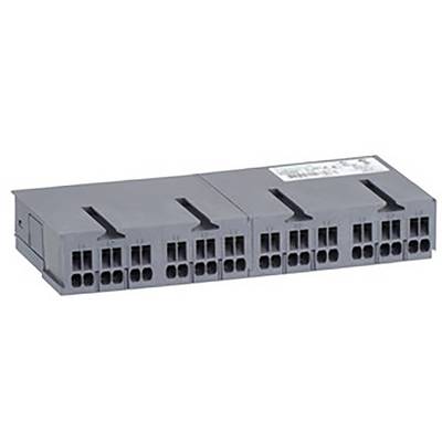 Ein grauer elektrischer Steckerblock mit mehreren Anschlüssen in zwei Reihen. Oben ist ein Aufkleber mit technischen Informationen.