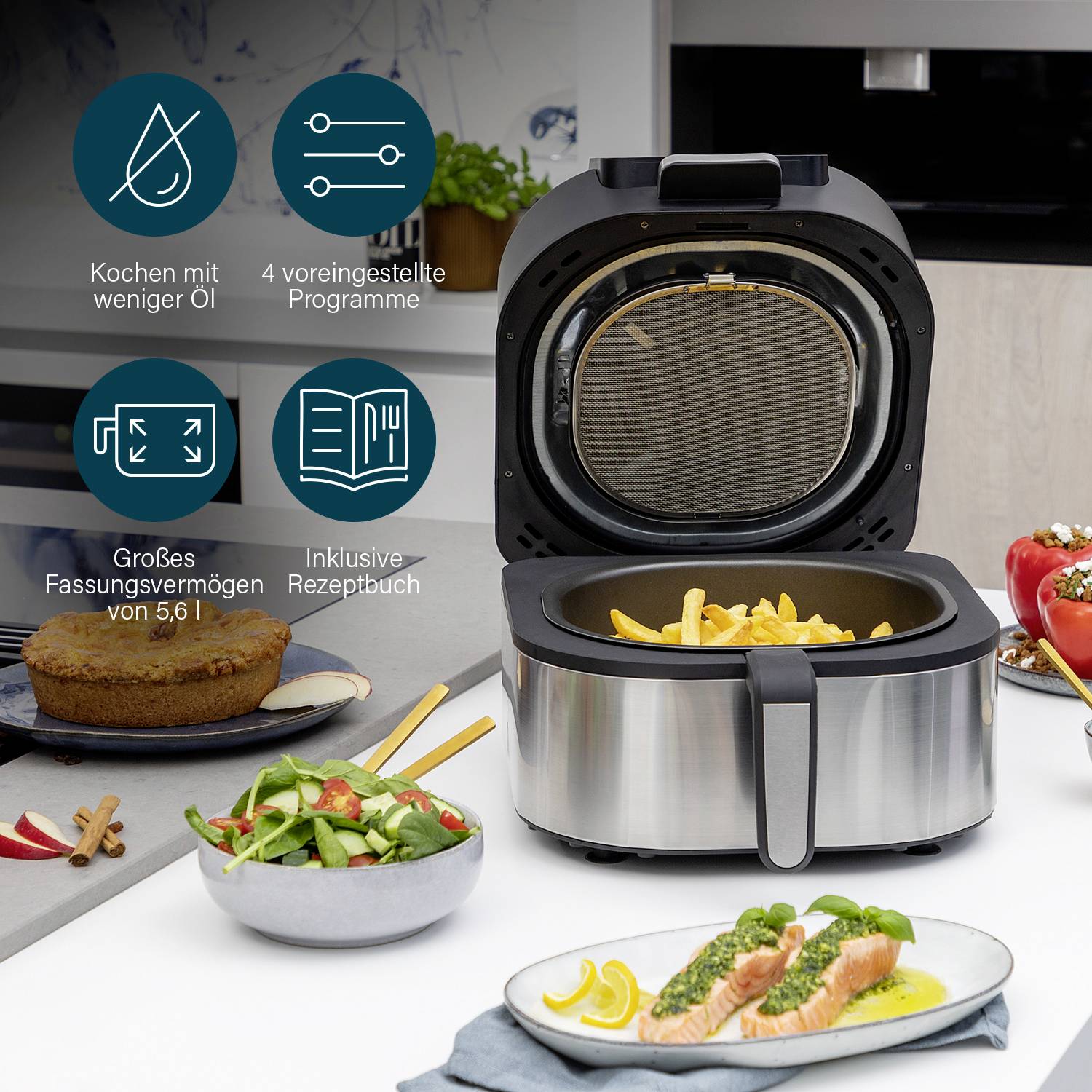 Multifunktions-Heißluftfritteuse mit offenem Deckel, Pommes frites darin. Text zeigt Vorteile wie weniger Öl, Programme, großes Fassungsvermögen.