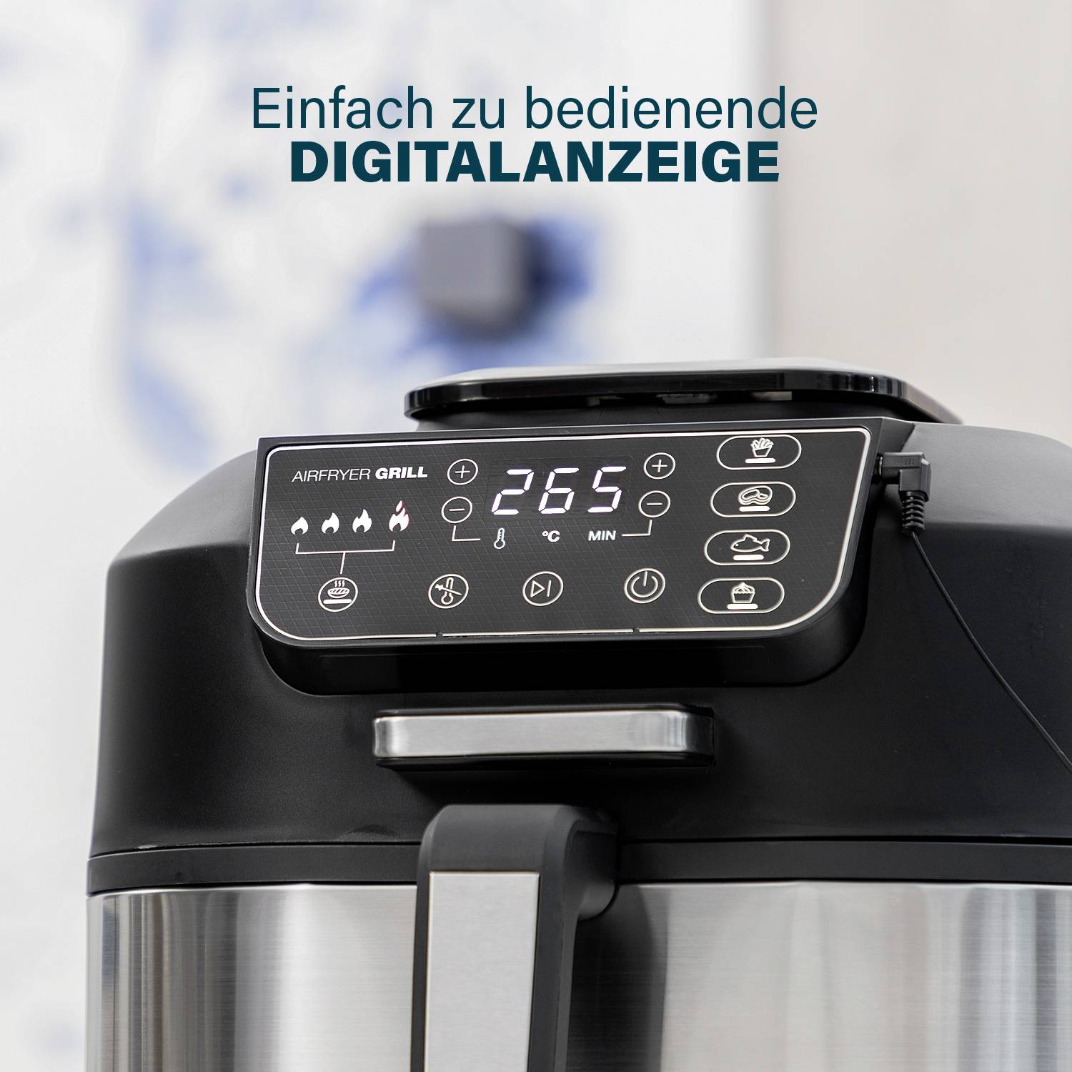 'Einfach zu bedienende Digitalanzeige' steht über einem Airfryer mit digitalem Bedienfeld zur Temperatureinstellung.