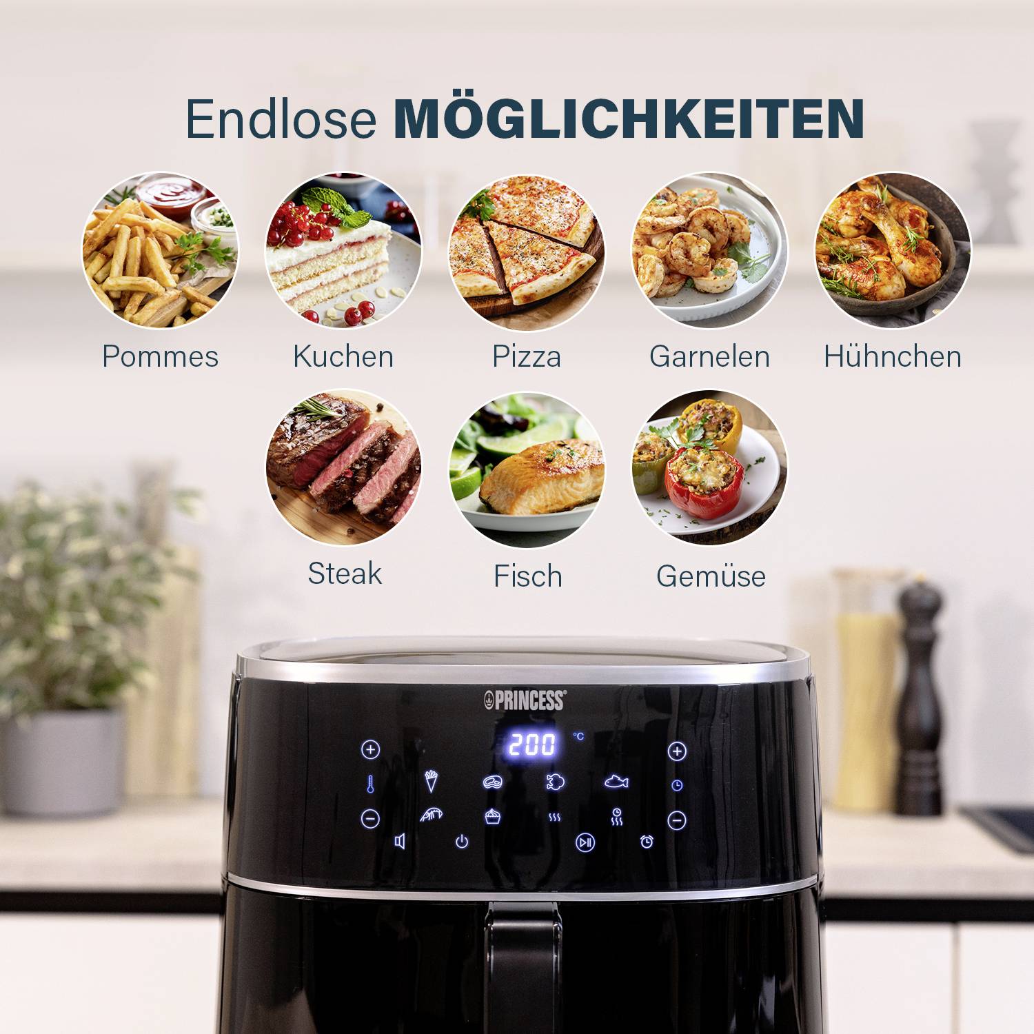 Ein Heißluftfritteuse auf einer Küchentheke. Darüber Bilder von Gerichten: Pommes, Kuchen, Pizza, Garnelen, Hühnchen, Steak, Fisch, Gemüse. Text: 'Endlose Möglichkeiten'.