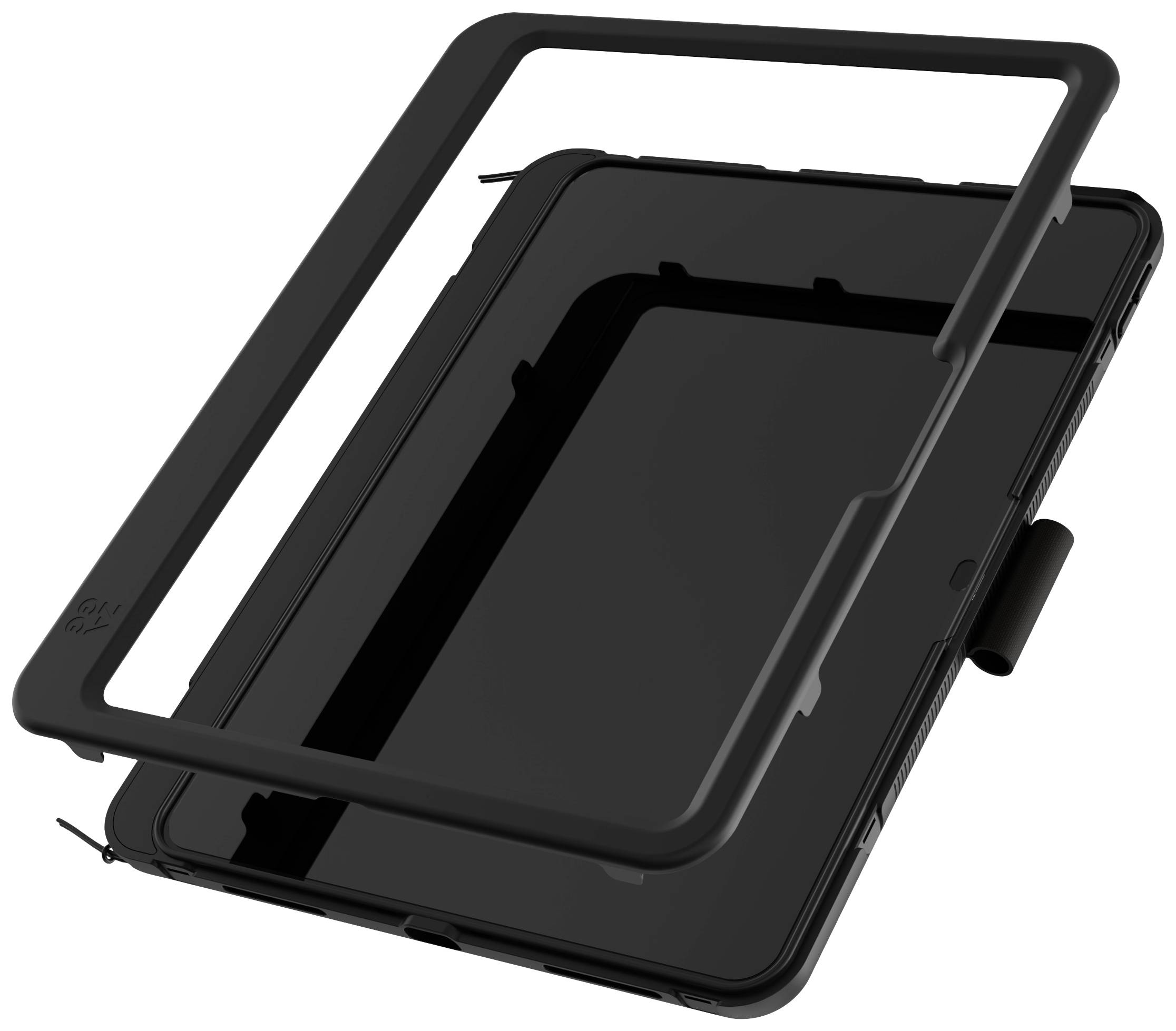 Eine schwarze Schutzhülle für ein Tablet, bestehend aus einem abnehmbaren Rahmen und einem Gehäuse.