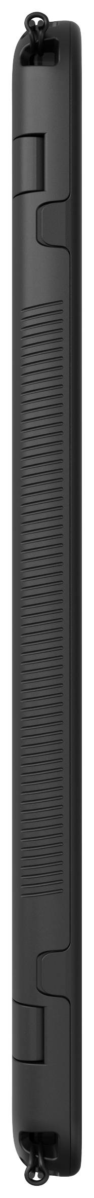 Schwarzer, länglicher Gegenstand mit strukturierten Abschnitten und Befestigungselementen an den Enden, möglicherweise technisches Bauteil.