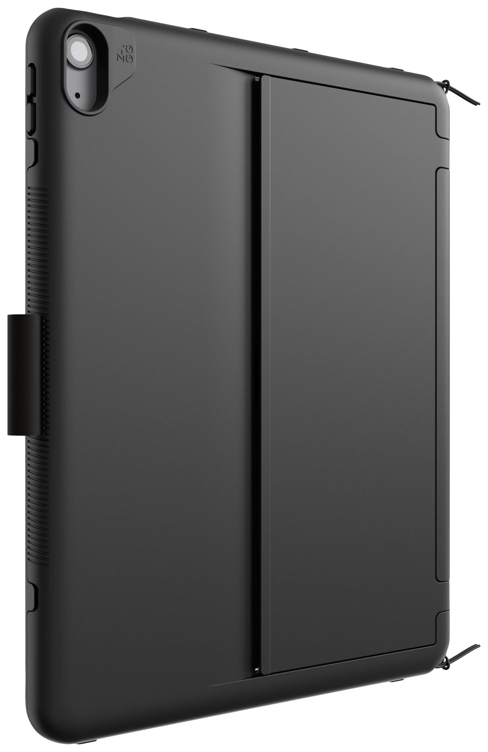 Schwarzes Tablet-Schutzcover mit klappbarem Ständer, in aufrechter Position. Schlichte, matte Oberfläche mit Kameraaussparung oben.