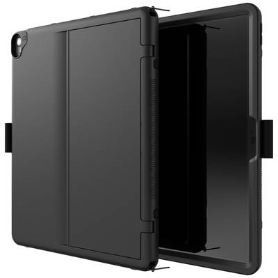 Die Abbildung zeigt ein schwarzes Tablet mit einer Hülle, das teilweise geöffnet ist. Man sieht sowohl die Vorder- als auch die Rückseite.