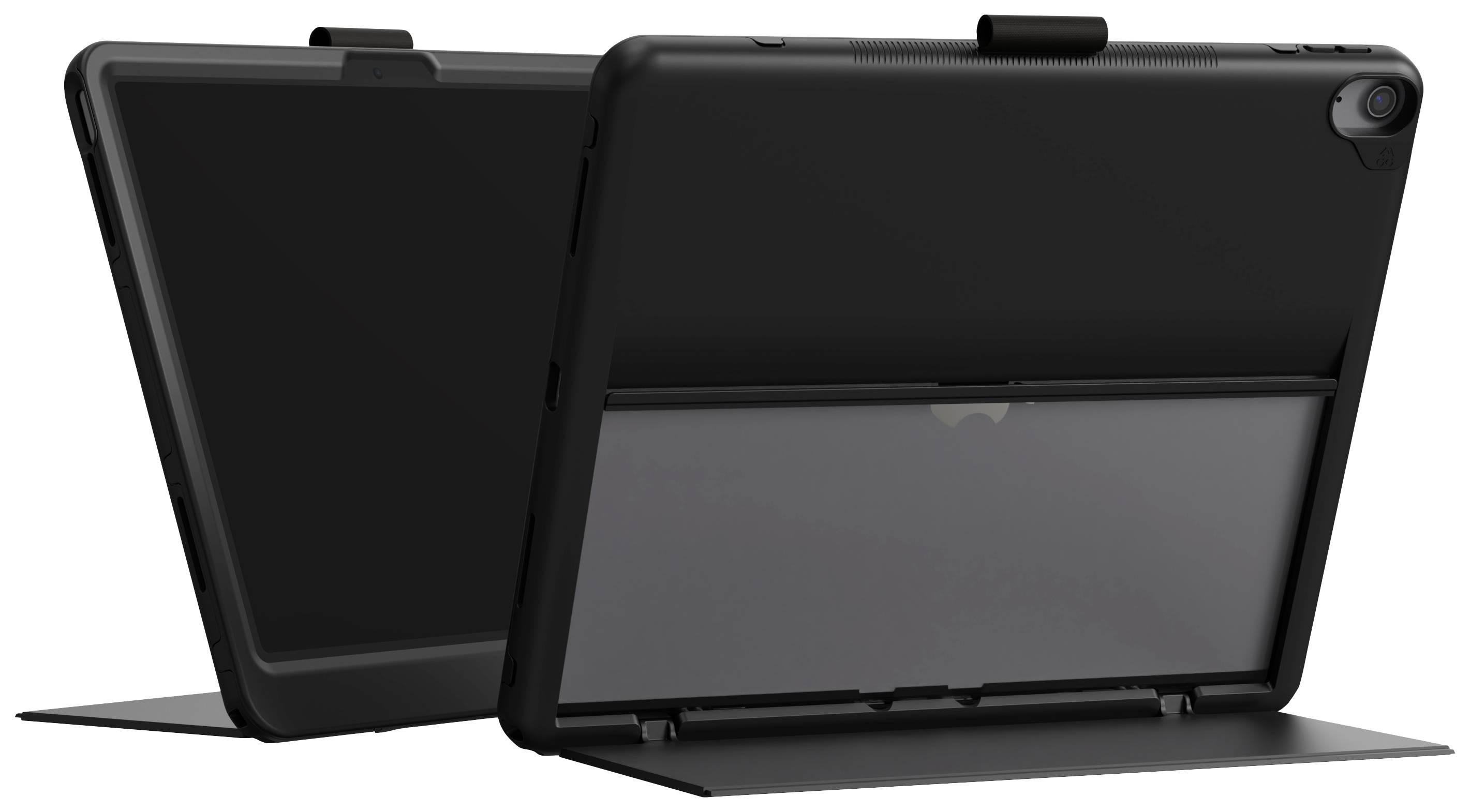 Zwei schwarze Tablet-Hüllen mit Kickstand und Kameraaussparung, nebeneinander aufgestellt, zeigen Vorder- und Rückseite.