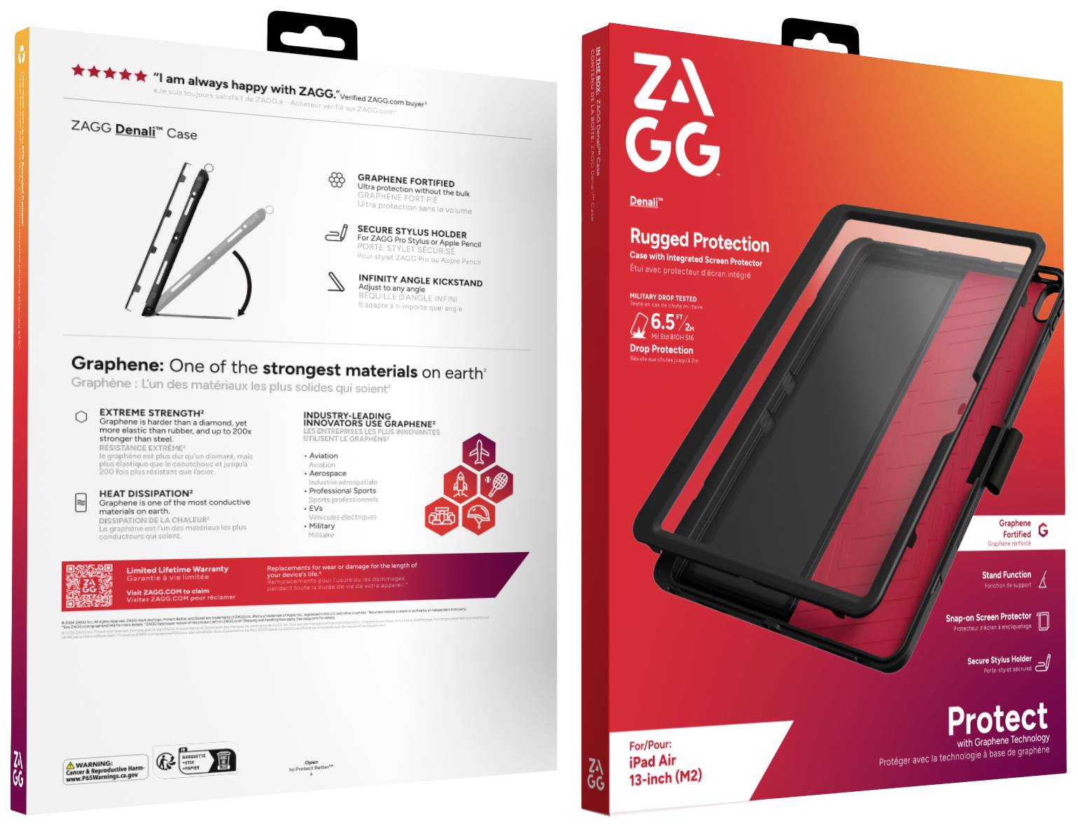 Die Verpackung zeigt eine Schutzhülle von ZAGG für ein 13-Zoll iPad Air, mit robustem Design und Graphen-Technologie für erhöhte Festigkeit.