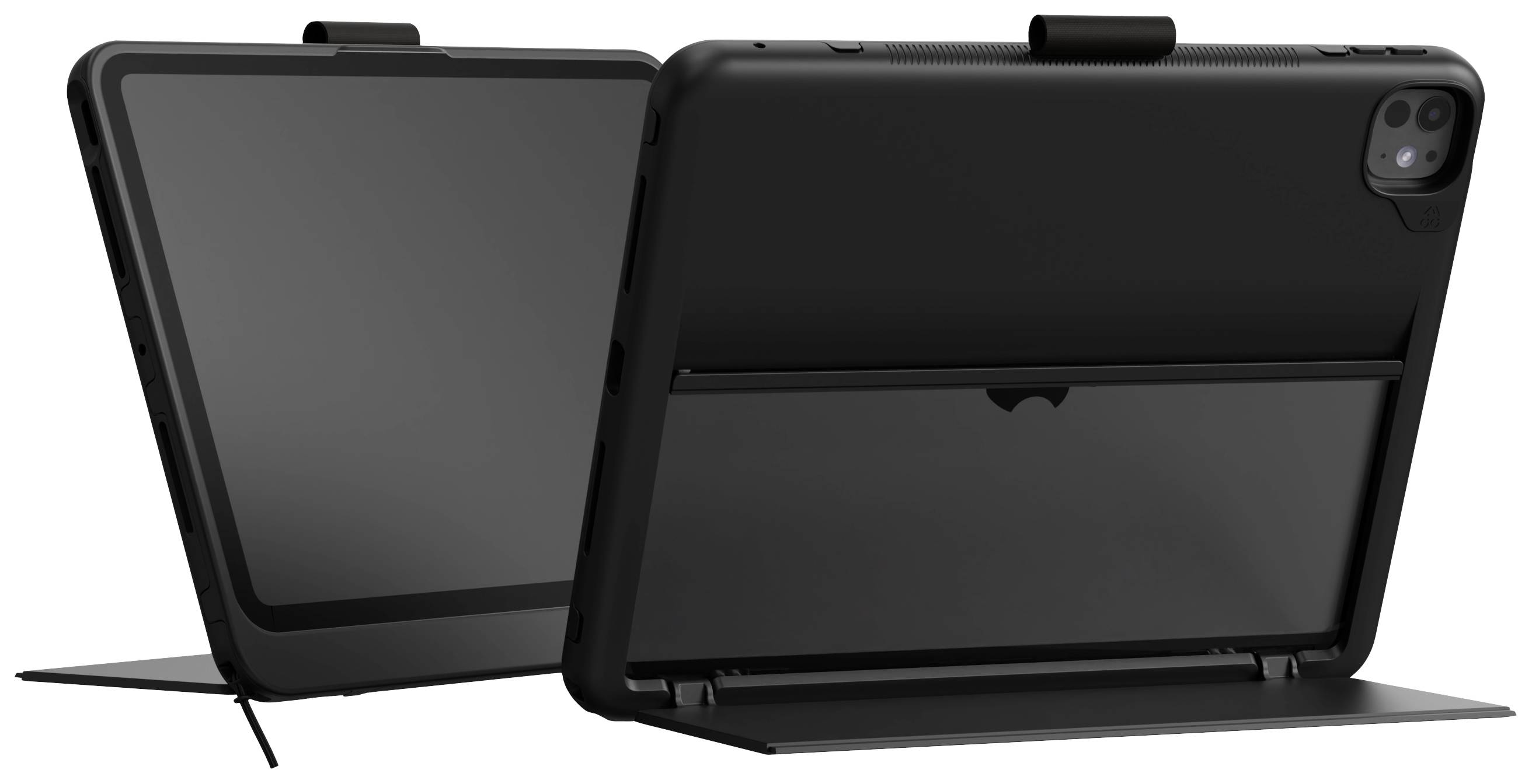 Ein schwarzes Tablet im Klappetui mit Ständer, das sowohl geschlossen als auch geöffnet gezeigt wird. Geeignet für Präsentationen.