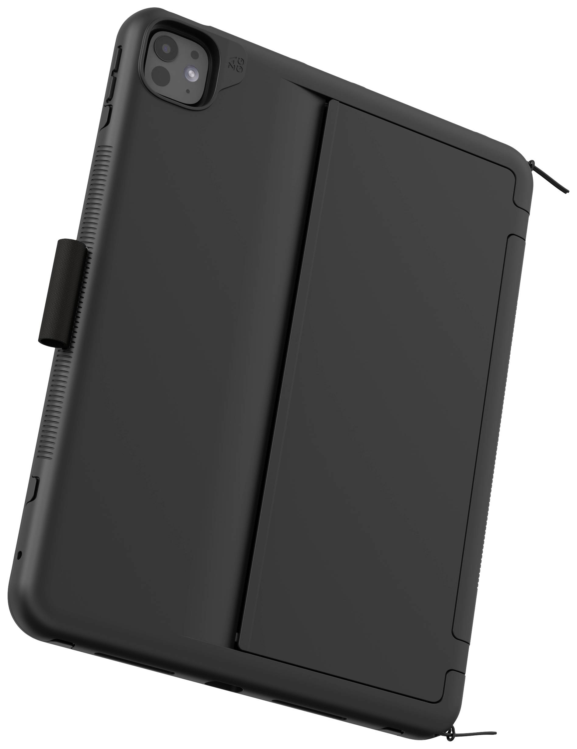 Ein schwarzes Tablet in einer Schutzhülle, leicht schräg fotografiert von hinten. Die Hülle hat einen Ständer und elastische Verschlüsse.