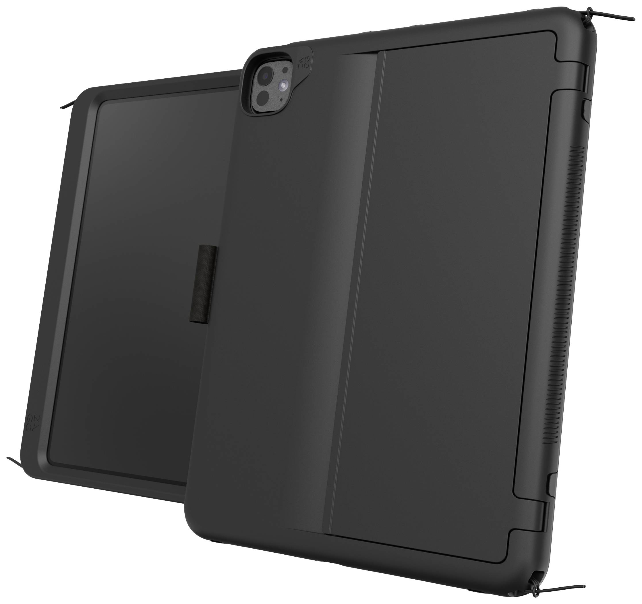 Zwei schwarze Tablet-Hüllen in diagonaler Ansicht. Eine zeigt die Front, die andere die Rückseite, beide mit robustem Design.