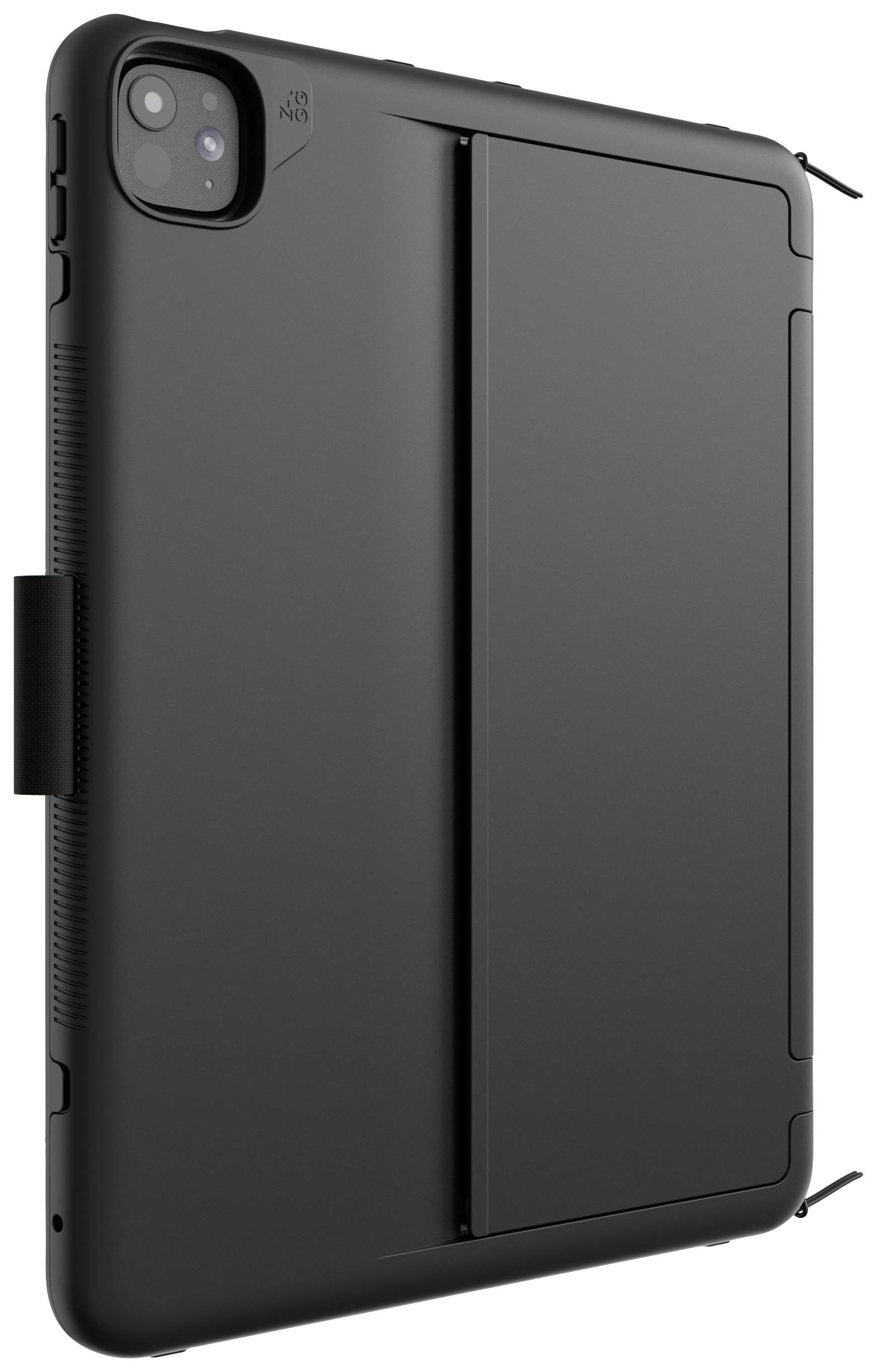Schwarze Tablet-Hülle mit integrierter Ständerfunktion und präzisen Kameraschnitt. Robustes Design für besseren Schutz.