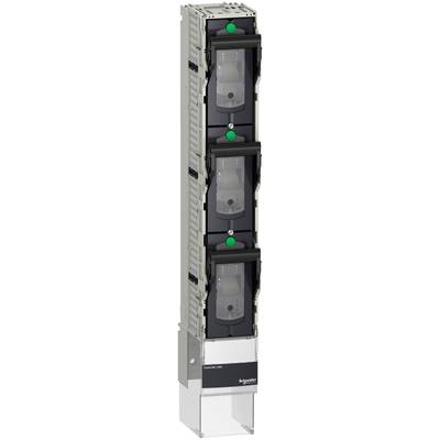 Vier Schneider Electric Lasttrennschalter in einer vertikalen Gehäuseanordnung für elektrische Verteilungsanwendungen.
